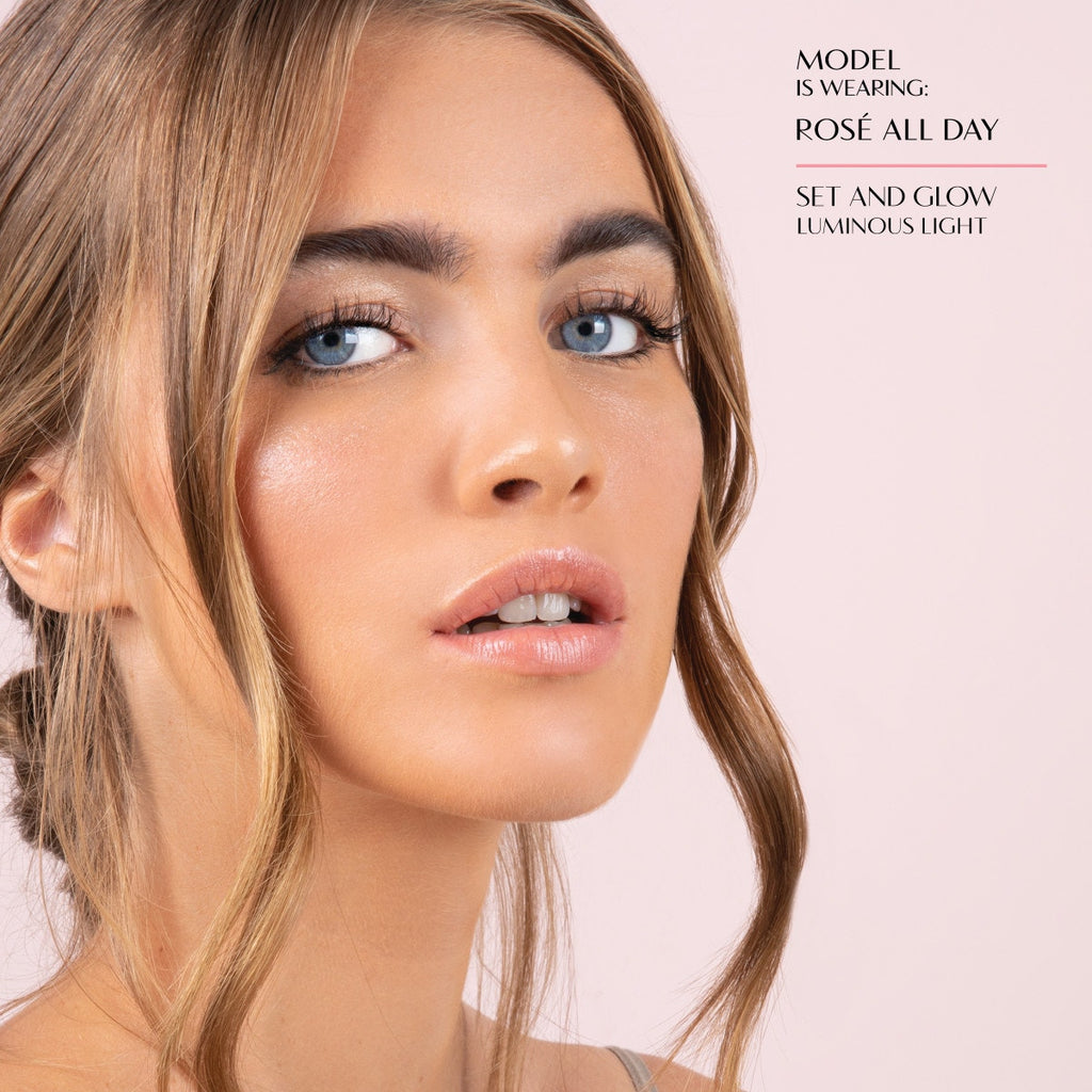 Rosé All Day Set & Glow, Model is wearing Rose All Day Set and Glow in Luminous Light on light pink background