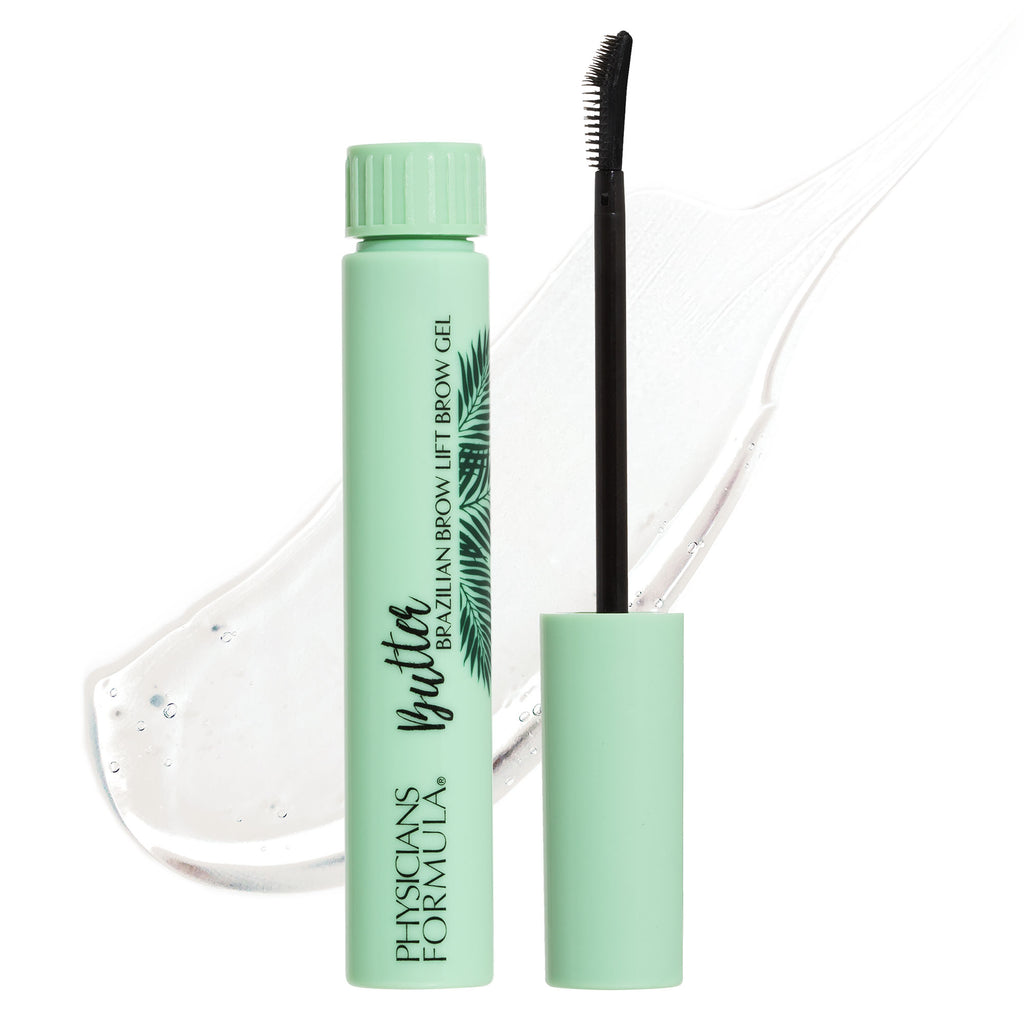 1712789 Butter Brazilian Brow Lift Brow Gel | front open product view with swatch on white background