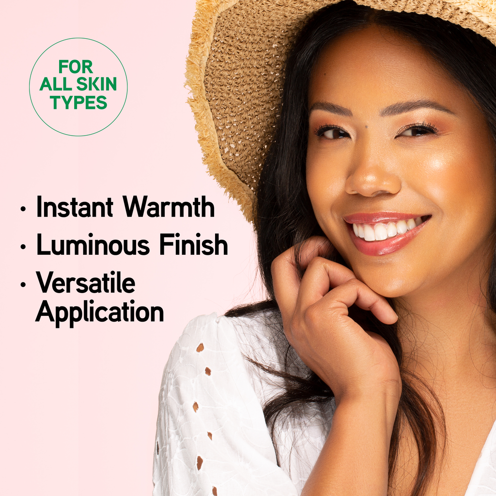 1712790 Butter Glow Liquid Bronzer | model wearing bronzer with product benefits listed | image text: For all skin types, instant warmth, luminous finish, versatile application