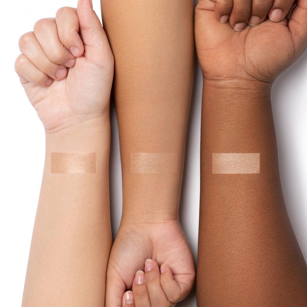 1712791 Butter Glow Liquid Highlighter | arm swatches with 3 skin tones on white background
