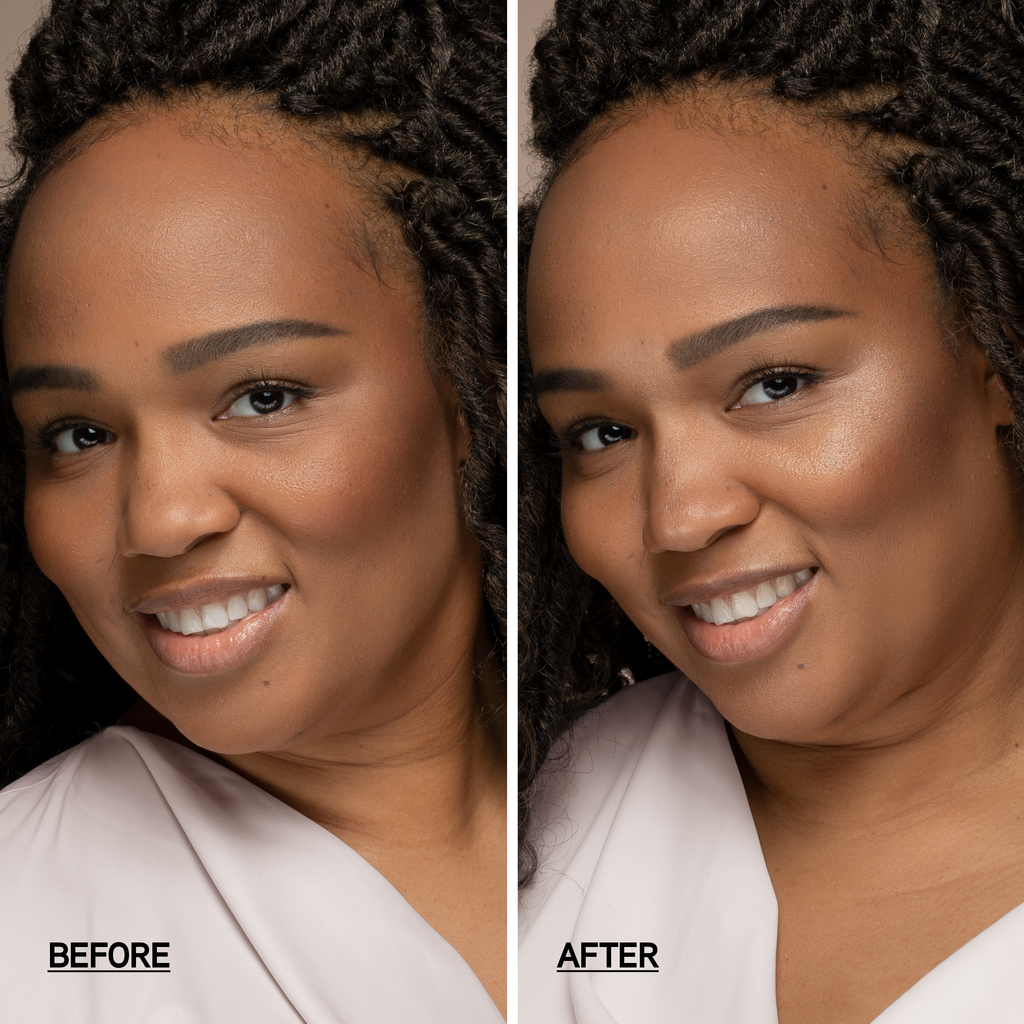 1712791 Butter Glow Liquid Highlighter | model before & after split screen wearing highlighter