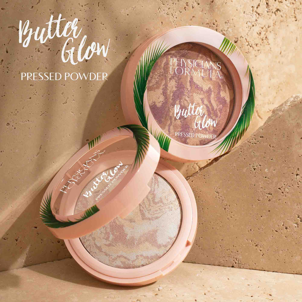 Butter Glow Pressed Powder | All Shades Translucent Glow & Natural Glow | open and close front product view on tan stone background | image text: Butter Glow Pressed Powder