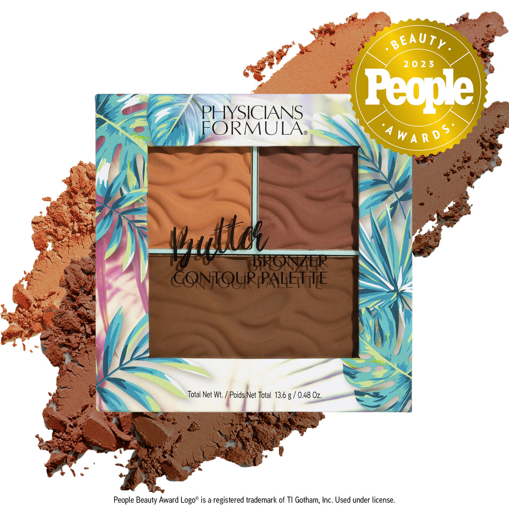 1712857 Butter Bronzer Contour Palette Award | front product view with swatch and award seal for 2023 People Beauty Awards