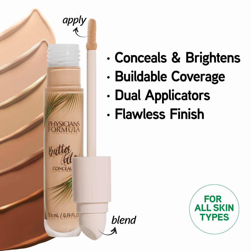 1712793, 1712794, 1740870, 1740871, 1712792, 1740872 Butter Glow Concealer | swatches of all 6 shades with open product view with applicator (apply) & sponge (blend)| image text: Conceals & Brightens, Buildable Coverage, Dual Applicators, Flawless Finish For All Skin Types