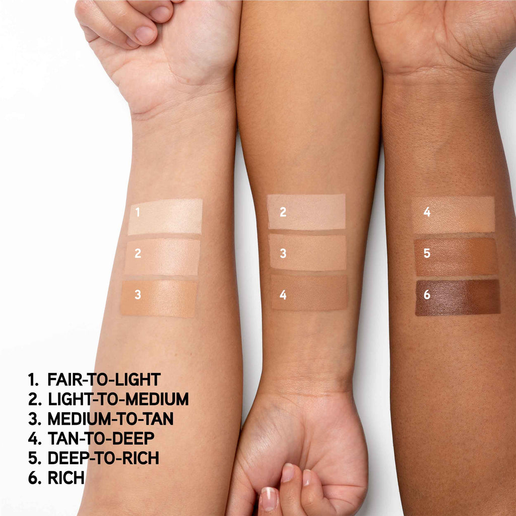 1712793, 1712794, 1740870, 1740871, 1712792, 1740872 Butter Glow Concealer | arm swatches of all 6 shades on 3 skin tones