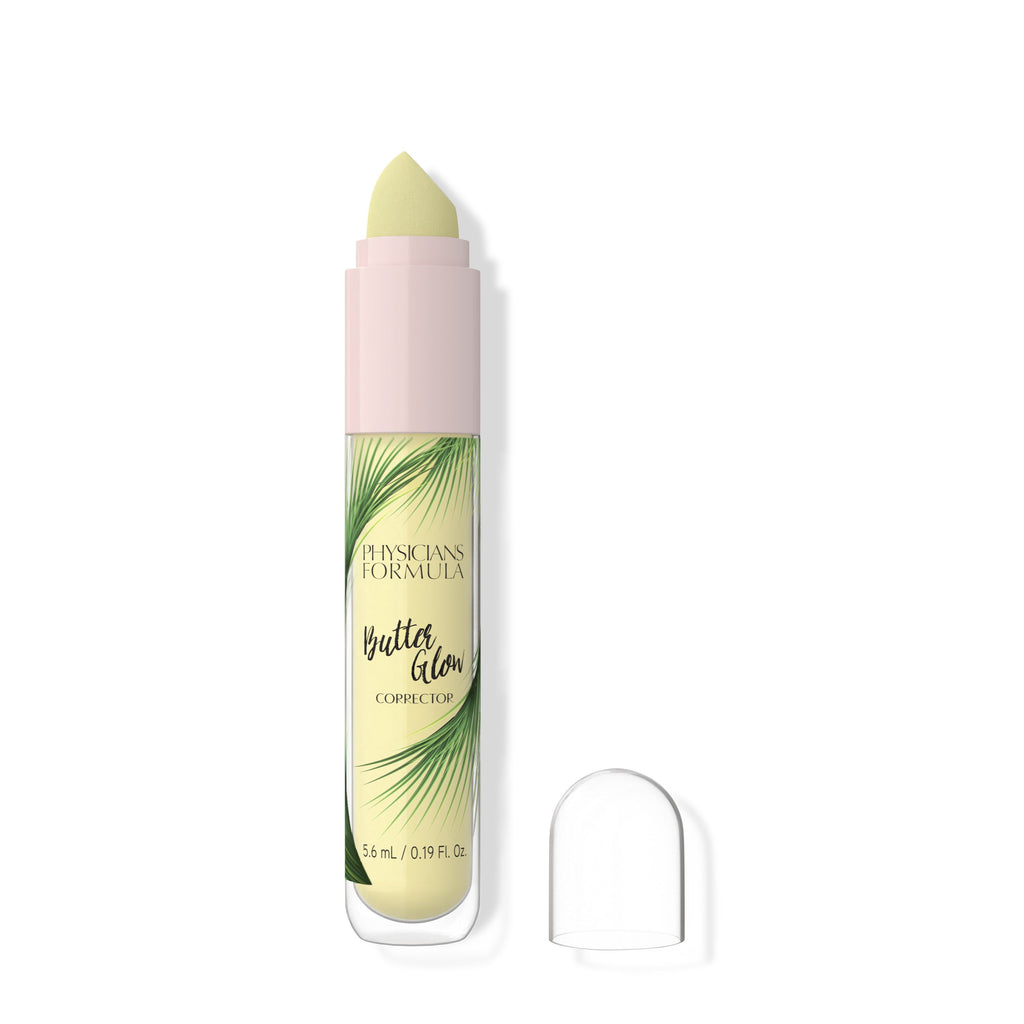 1741094 Butter Glow Corrector | open product view in shade Yellow on white background, sponge applicator shown