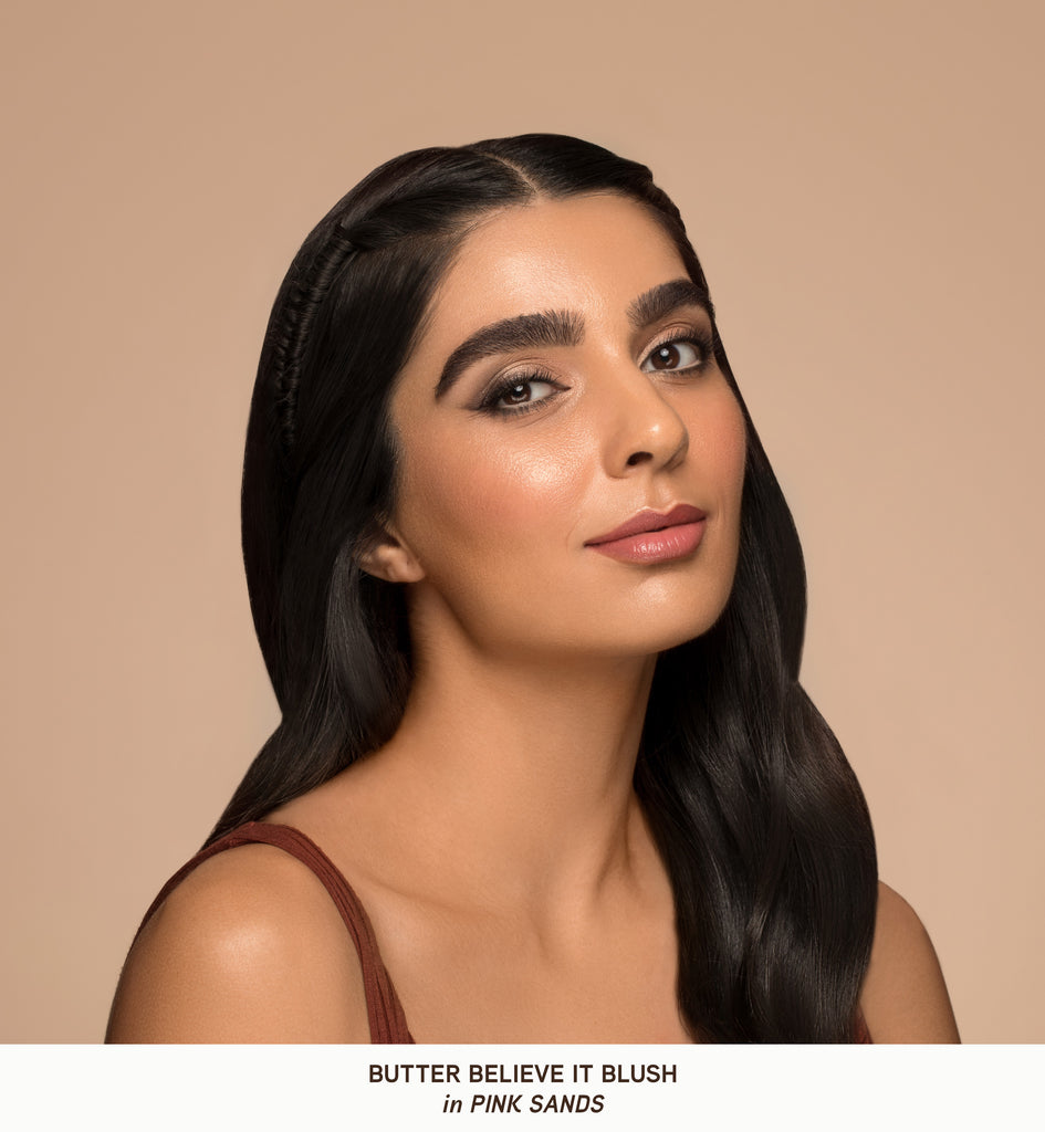 Butter Believe It! Blush Model face closeup on tan background