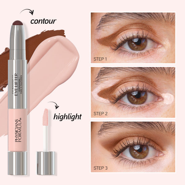 1741101 Eye Booster Eye Lifter | application steps with closeup of model's eyes; front open product view with doe applicator + liquid and cream shadow swatches | image text: contour, highlight, Step 1, Step 2, Step 3