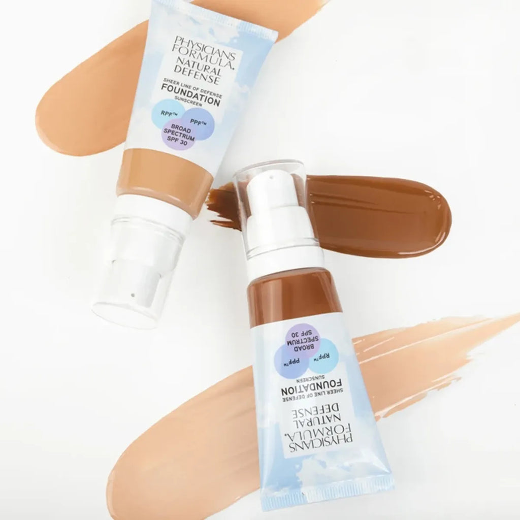 Physicians Formula Natural Defense Foundation tubes with SPF 30, shown with foundation swatches in multiple shades