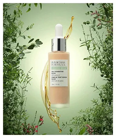 Physicians Formula foundation serum bottle with botanical background