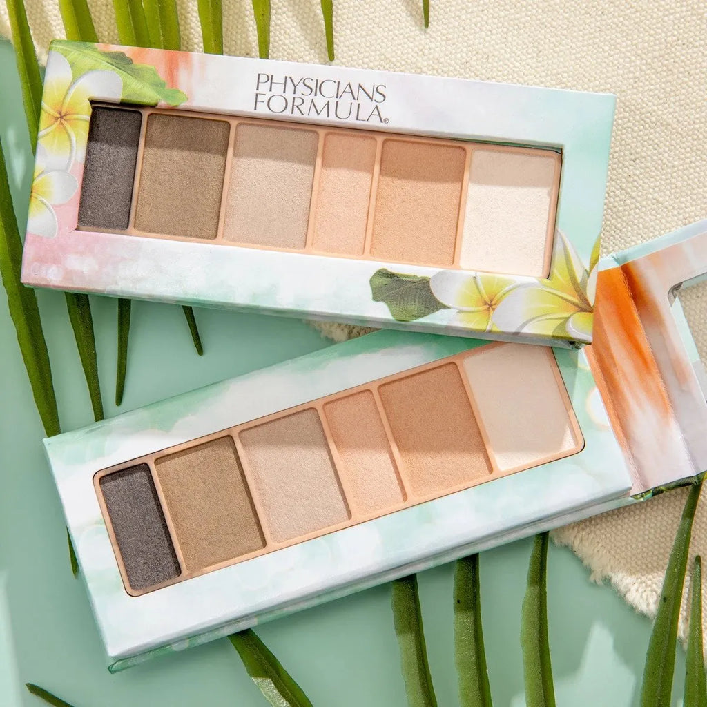 Physicians Formula eyeshadow palette with eight neutral shades in tropical-themed packaging