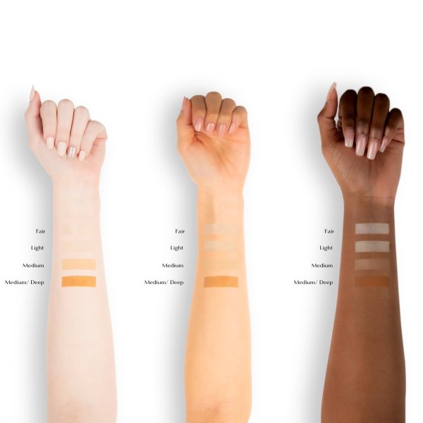 Natural Defense Setting the Tone Finishing Powder SPF 20, arm swatches of all shades on white background