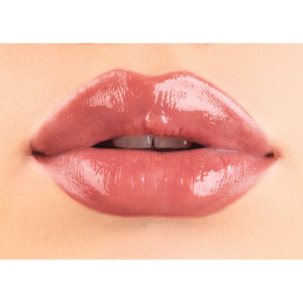 Rose Kiss All Day Glossy Lip Color Model closeup on lips in shade Blushing Mauve