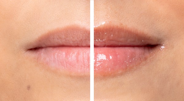 Mineral Wear® Diamond Lip Plumper Model, Before & After closeup on lips in shade Light Pink Princess Cut