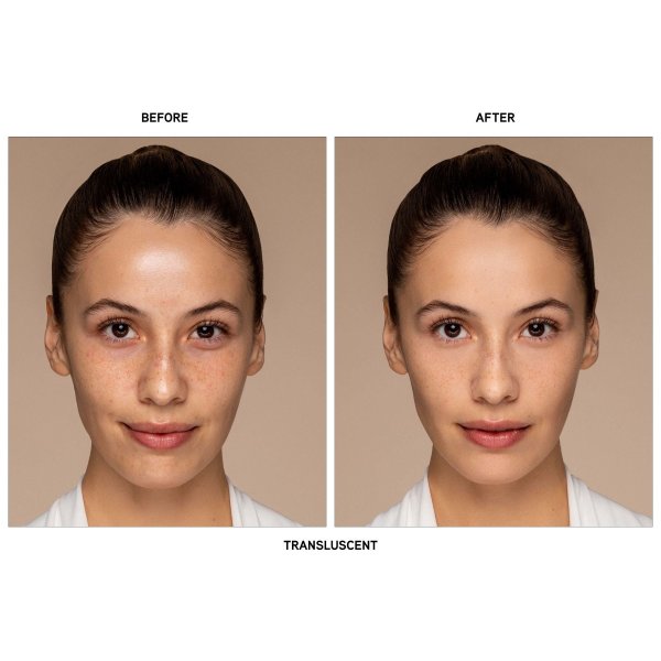 Butter Believe It! Pressed Powder Model Before & After, closeup of model's face