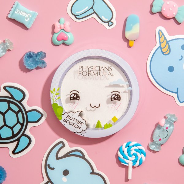 Butter Scotch Matte Setting Powder featured on pale pink background with various candies and stickers