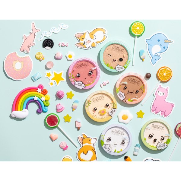 Butter Buddies Collection on light blue background, surrounded by various candies and stickers