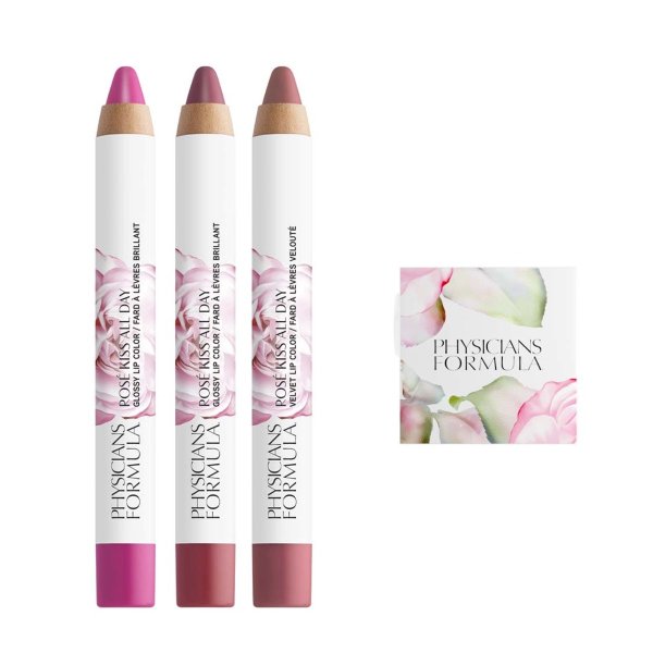 Rose Kiss All Day Lip Kit Set Open View of all 3 shades and pencil sharpener