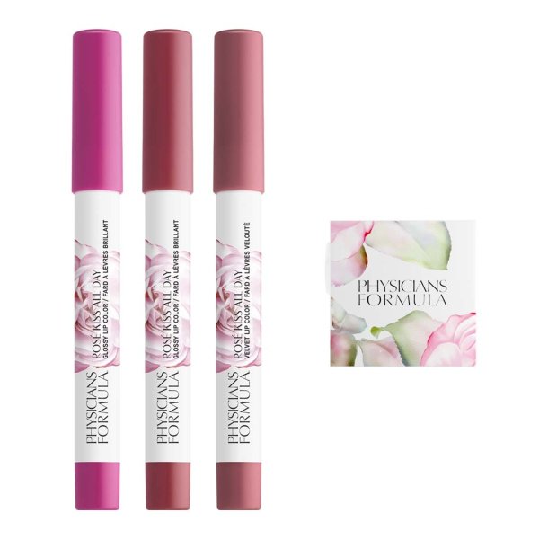 Rose Kiss All Day Lip Kit Set Front View of all 3 shades and pencil sharpener