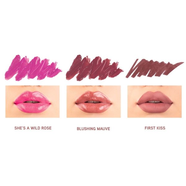 Rose Kiss All Day Lip Kit Set Swatches in shades She's a Wild Rose, Blushing Mauve, and First Kiss. Lip swatches and pencil swatches.