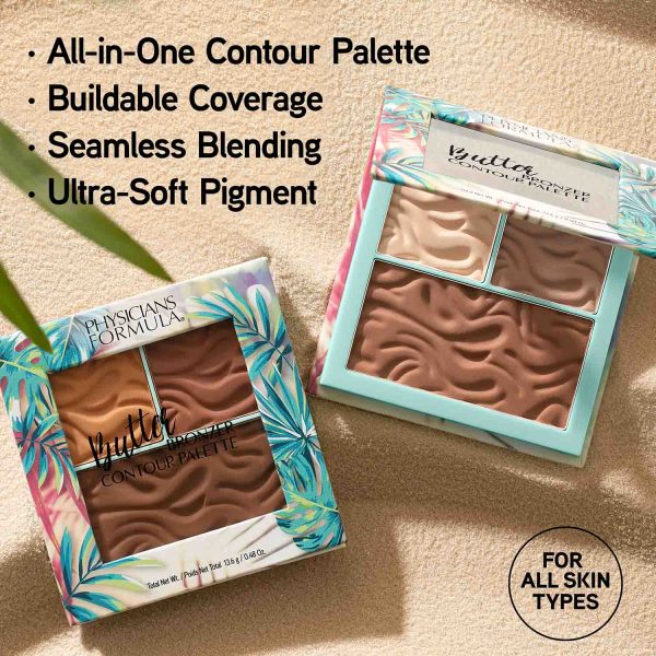 1712788, 1712857 Butter Bronzer Contour Palette | front closed view in shade Contour 2, front open view in shade Contour 1 on tan background with plant details | image text: All-in-One Contour Palette, Buildable Coverage, Seamless Blending, Ultra-Soft Pigment, For All Skin Types