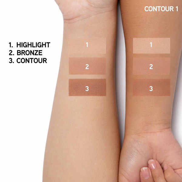 1712788, 1712857 Butter Bronzer Contour Palette | Arm Swatches in shade Contour 1 on lighter and darker skin tones | image text: 1. Highlight 2. Bronze 3. Contour
