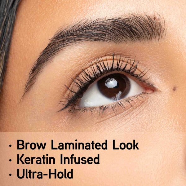 1712789 Butter Brazilian Brow Lift Brow Gel | model closeup image of brow | image text: brow laminated look, keratin infused, ultra-hold