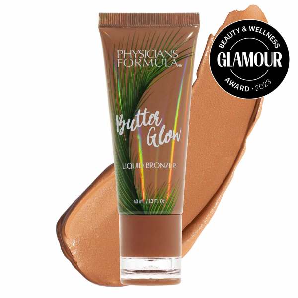 1712790 Butter Glow Liquid Bronzer Award | front product view with swatch and award seal for Glamour 2023 Beauty and Wellness Award