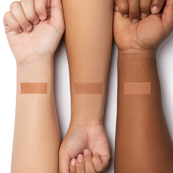 1712790 Butter Glow Liquid Bronzer | arm swatches on 3 different skin tones on white background