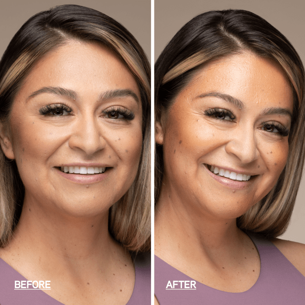 1712790 Butter Glow Liquid Bronzer | model before & after wearing bronzer, closeup of face