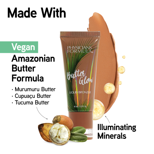 1712790 Butter Glow Liquid Bronzer | front product view with swatch and butter graphic | image text: Made With, Vegan, Illuminating Minerals, Amazonian Butter Formula, Murumuru Butter, Cupuacu Butter, Tucuma Butter