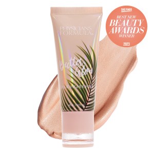1712791 Butter Glow Liquid Highlighter Award | front product view with swatch and award seal for She Finds Best New Beauty Awards Winner 2023