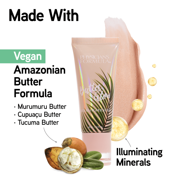 1712791 Butter Glow Liquid Highlighter | front product view, swatch, and butter graphic | image text: Made With, Vegan, Illuminating Minerals, Amazonian Butter Formula, Murumuru Butter, Cupuacu Butter, Tucuma Butter