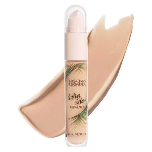1712793 Butter Glow Concealer | front product view with swatch in background in shade Light-to-Medium with butter graphic | image text: Made With, Vegan, Amazonian Butter Formula, Murumuru Butter, Cupuacu Butter, Tucuma Butter, Illuminating Minerals