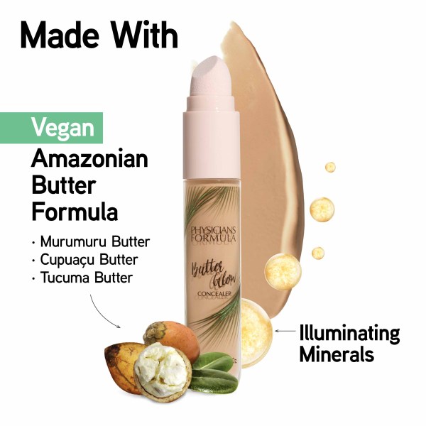 1712794 Butter Glow Concealer | front product view with swatch in shade Medium-to-Tan, butter graphic | image text: Made With Vegan, Amazonian Butter Formula, Murumuru Butter, Cupuacu Butter, Tucuma Butter, Illuminating Minerals
