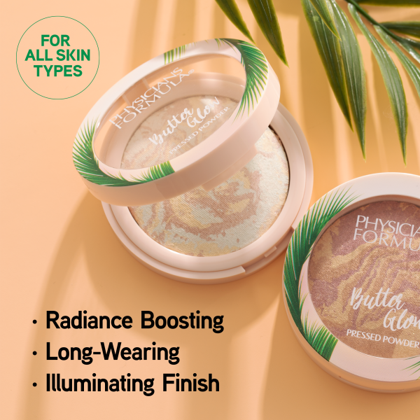 1712795 Butter Glow Pressed Powder | front open view of Translucent Glow with front closed view of Natural Glow on peach background with palm details | image text: For All Skin Types, Radiance Boosting, Long-Wearing, Illuminating Finish
