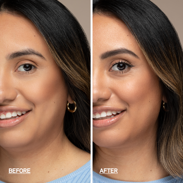 1712795 Butter Glow Pressed Powder| split screen of model before and after wearing pressed powder