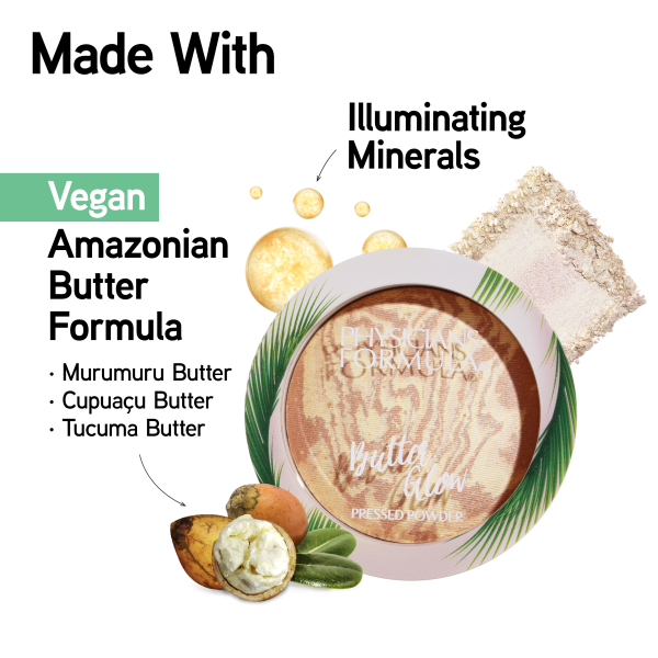 1712795 Butter Glow Pressed Powder | front product view with swatch in shade Translucent Glow, butter and illuminating minerals graphic | image text: Made With Vegan, Amazonian Butter Formula, Murumuru butter, Cupuacu Butter, Tucuma Butter, Illuminating Minerals