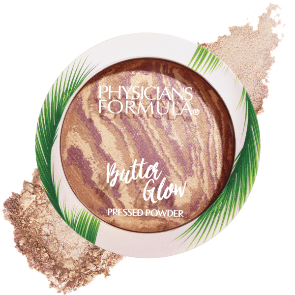 1712796 Butter Glow Pressed Powder | front product view and swatch in shade Natural Glow on whitebackground