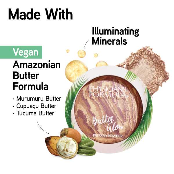 1712796 Butter Glow Pressed Powder | front product view with swatch in shade Natural Glow, butter and illuminating mineral graphic on white background | image text: Made With, Vegan Amazonian Butter Formula, Murumuru Butter, Cupuacu Butter, Tucuma Butter, Illuminating Minerals