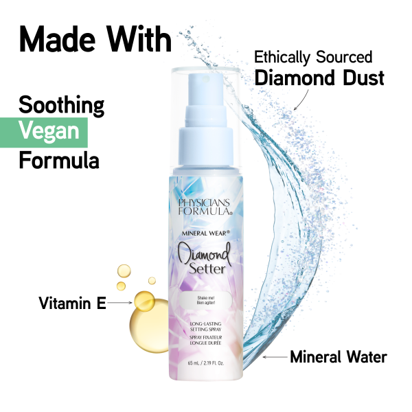 1712798 Mineral Wear Diamond Setter | front product view with spray and vitamin E graphics | image text: Made With, Soothing Began Formula, Ethically Sourced Diamond Dust, Vitamin E, Mineral Water
