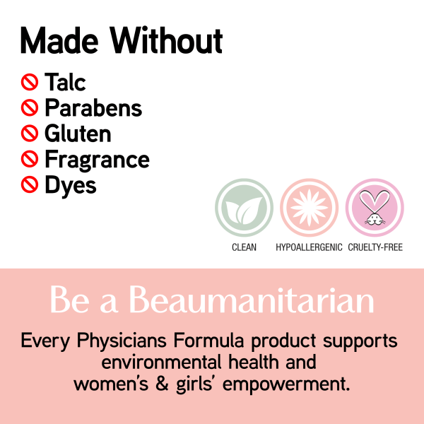 1712798 Mineral Wear Diamond Setter | infographic | image text: Made Without, Talc, Parabens, Gluten, Fragrance, Dyes Product Badges: Clean, Hypoallergenic, Cruelty-Free Be a Beaumanitarian Every Physicians Formula product supports environmental health and women's & girls' empowerment.