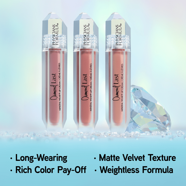 1712799 Mineral Wear Diamond Last | full collection featured on diamond and ice blue background | shades include: Topaz Taupe, Rose Quartz, Majestic Mauve | image text: Long-Wearing, Matte Velvet Texture, Rich Color Pay-Off, Weightless Formula