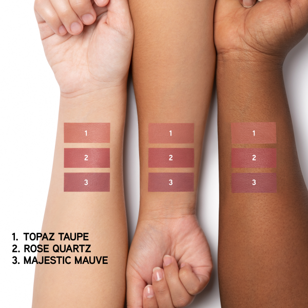 1712799 Mineral Wear Diamond Last | arm swatches of full collection featured on 3 skin tones | 1. Topaz Taupe 2. Rose Quartz 3. Majestic Mauve