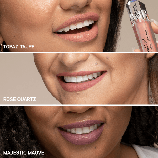 1712799 Mineral Wear Diamond Last | closeup of models wearing full collection | image text: Topaz Taupe, Rose Quartz, Majestic Mauve