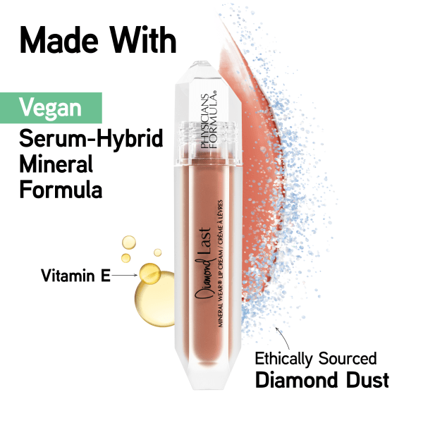 1712799 Mineral Wear Diamond Last | front product view with swatch in shade Topaz Taupe and Vitamin-E graphic | image text: Made With Vegan, Serum-Hybrid, Mineral Formula, Vitamin E, Ethically Sourced Diamond Dust