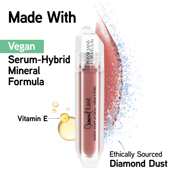 17127800 Mineral Wear Diamond Last | front product view with swatch in shade Rose Quartz and Vitamin-E graphic | image text: Made With Vegan, Serum-Hybrid, Mineral Formula, Vitamin E, Ethically Sourced Diamond Dust