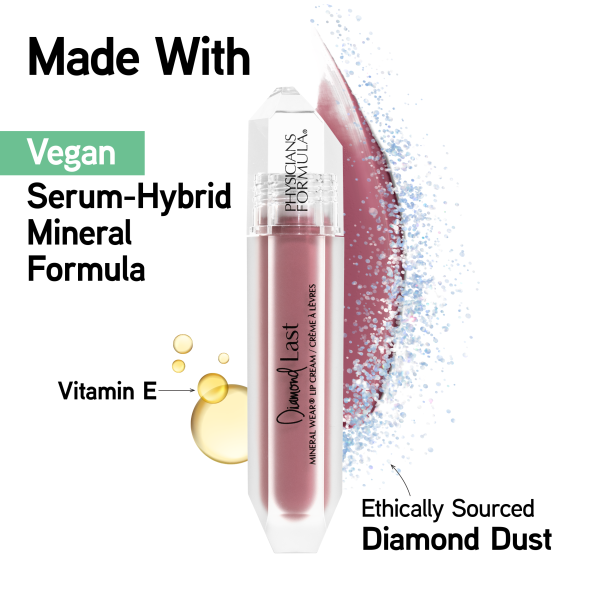 1712799 Mineral Wear Diamond Last | front product view with swatch in shade Majestic Mauve and Vitamin-E graphic | image text: Made With Vegan, Serum-Hybrid, Mineral Formula, Vitamin E, Ethically Sourced Diamond Dust