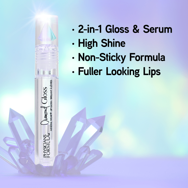1712802 Mineral Wear Diamond Gloss | front product view on iridescent blue and diamond background | image text: 2-in-1 Gloss & Serum, High Shine, Non-Sticky Formula, Fuller Looking Lips