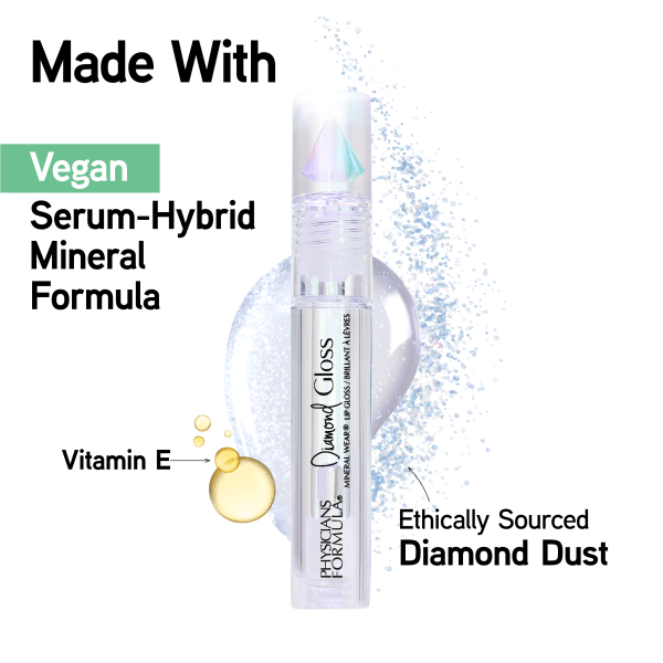 1712802 Mineral Wear Diamond Gloss | front product view with Vitamin E and Ethically Sourced Diamond Dust graphic on white background | image text: Made With, vegan, Serum-Hybrid, Mineral Formula, Vitamin E, Ethically Sourced Diamond Dust